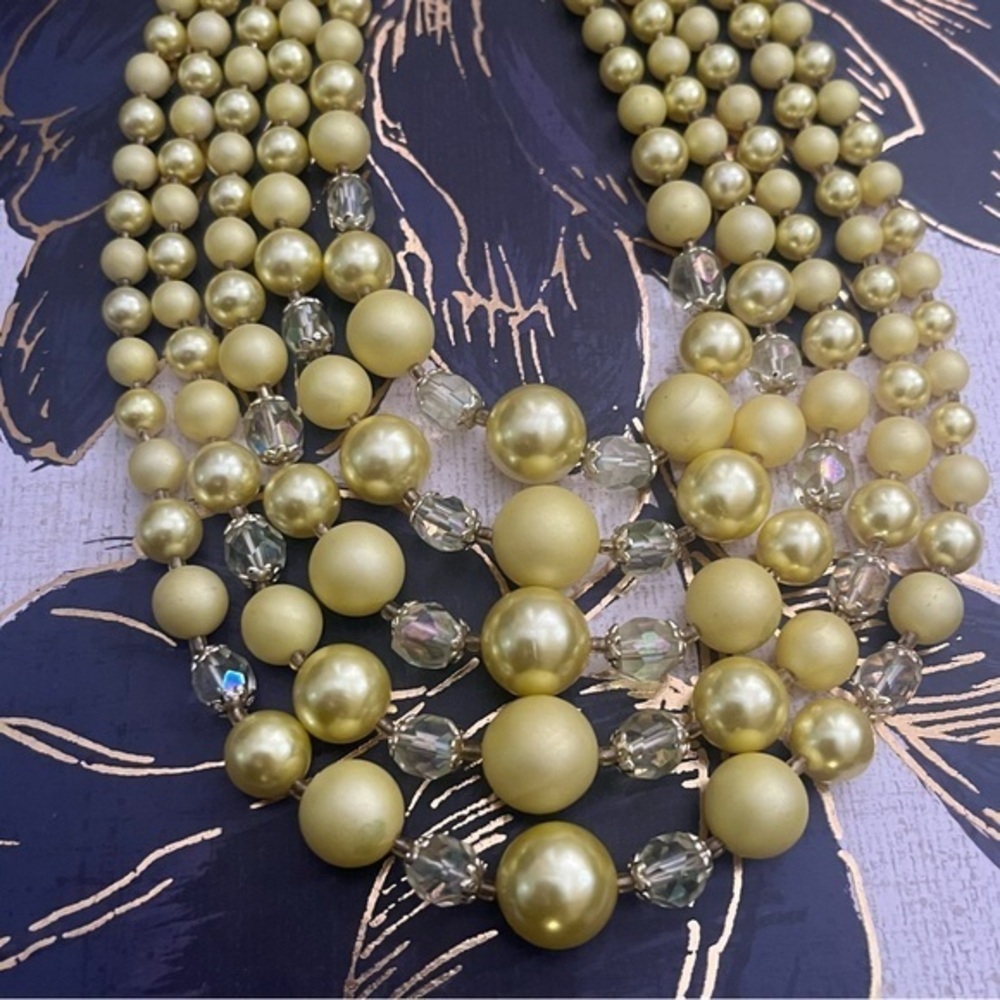 Vintage Chunky Yellow Pearl Gold Tone and Sparkly AB 5 Strand Necklace JAPAN A3